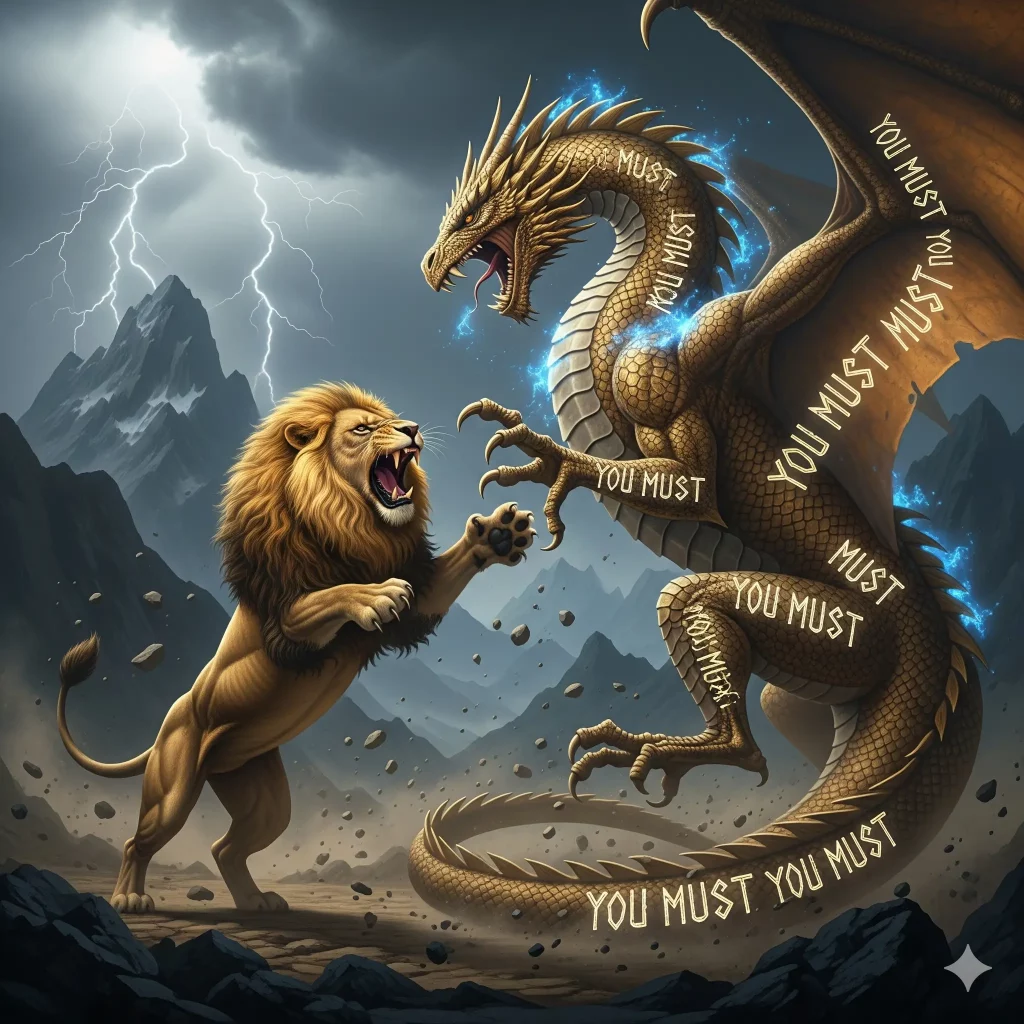Mutiger Löwe kämpft gegen einen goldenen Drachen mit 'Du sollst'-Schuppen, symbolisiert den Durchbruch in der Persönlichkeitsentwicklung.